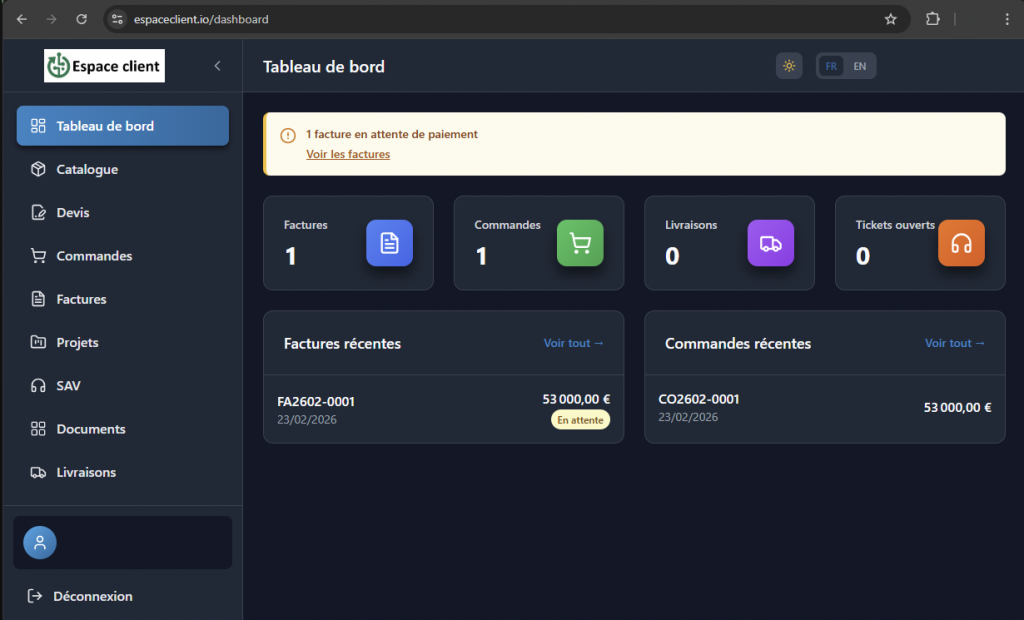 Espace client pour les devis, commande, facture, signature électronique, projet et SAV